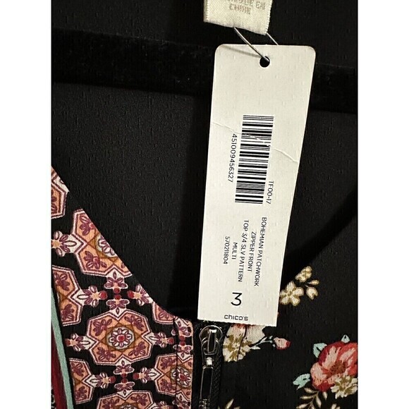 NEW Chicos Blouse Size XL Womens Bohemian Patchwork Zipper Front Top 3/4 Sleeve - Picture 4 of 6